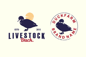Fototapeta premium Vintage duck farm logo vector illustration hand drawn silhouette badge and emblem style, traditional livestock branding isolated on white background