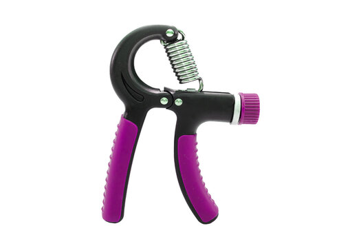 Hand grip strengthener with black and purple handles for fitness training isolated on transparent background