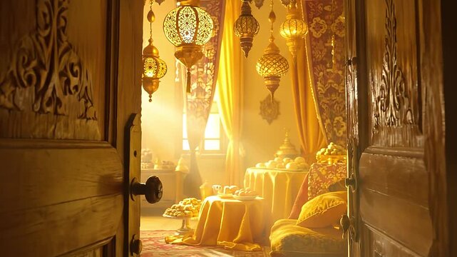 a door being slowly opened revealing warm light and Eid decorations inside