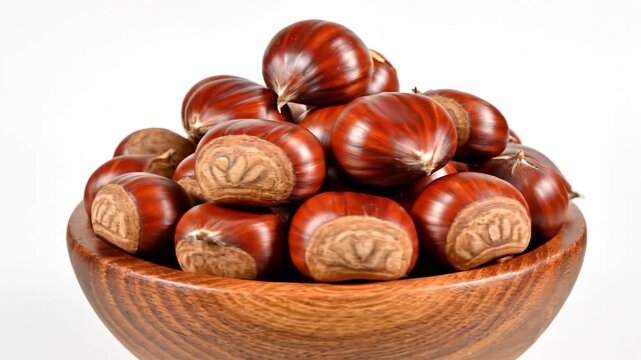 A wooden bowl filled with fresh chestnuts rotating slowly.