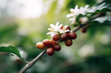 Obraz premium Ripe coffee cherries with delicate white blossoms on lush green branch