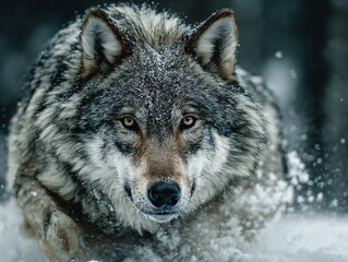 Fototapeta premium A majestic gray wolf with piercing amber eyes charges through deep snow, its thick fur dusted with snowflakes, as snow sprays around it against a blurred wintry forest backdrop.