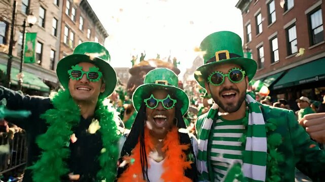 Excited friends cheer at a vibrant St. Patrick's Day parade, wearing green hats, shamrock glasses, and festive outfits, waving Irish flags as confetti falls. Perfect for holiday promotions,