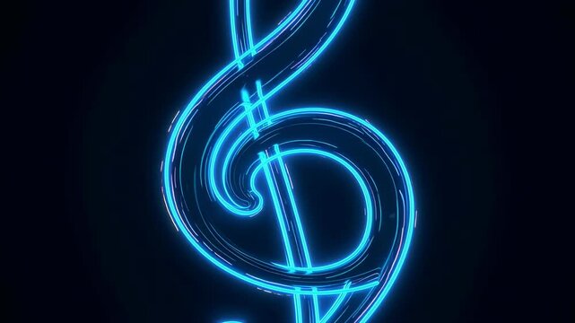 Glowing neon blue treble clef symbol casting a luminous reflection on a dark background
