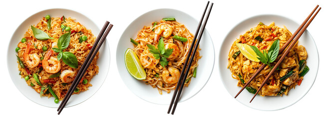 Naklejka premium Spicy chicken fried rice Khao Pad with vegetables and herbs, isolated on white background, concept of Asian food