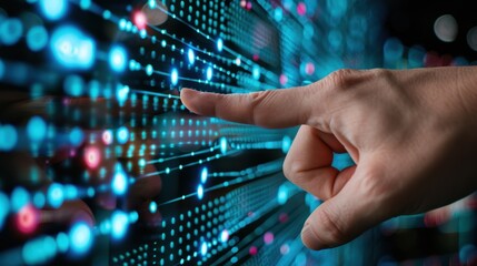 Fototapeta premium Close Up View of Finger Touching Digital Interface with Vibrant Data Points and Abstract Technology Background