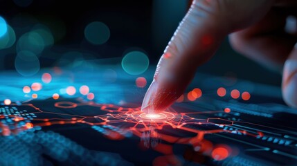 Digital Interaction Touch Screen Technology with Abstract Futuristic Data Visualization and Glowing Elements