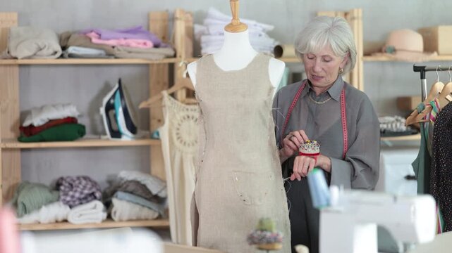 Experienced dressmaker checks the quality of the sewn dress sample. Seamstress at work near a mannequin. Workshop employee sews custom-made clothes