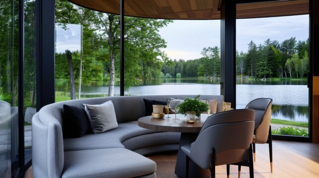 Serene Modern Dining Space with Panoramic Views of Calm Lake Surrounded by Lush Green Trees in Peaceful Setting