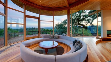 Fototapeta premium Elegant Modern Living Room with Panoramic Windows and Scenic View in Contemporary Design Space