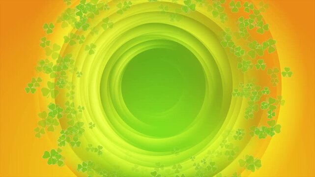 St Patrick Day green orange abstract background with shamrock leaves and glossy circles. Holiday motion design. Seamless loop. Video animation Ultra HD 4K 3840x2160