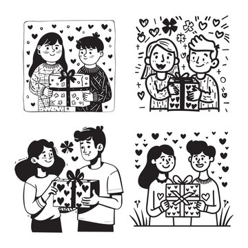 Black and white valentine's day illustrations of four couples exchanging gifts