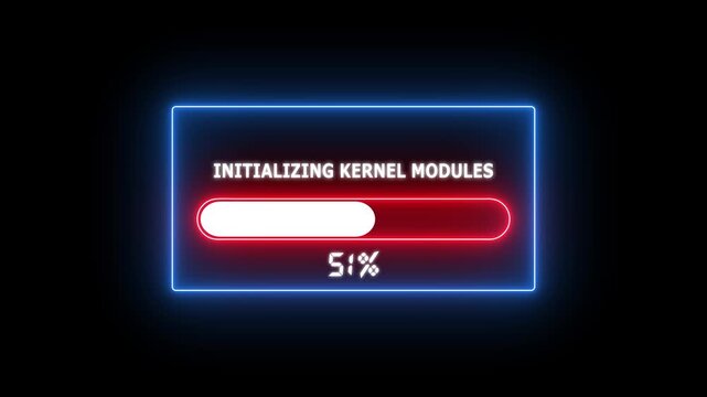 Futuristic Loading Bar with Initializing kernel modules Text on Black Background. Cyber Security Progress Bar Neon Animation.