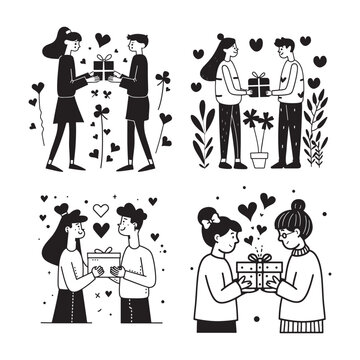 Illustrations of couples exchanging gifts in a romantic setting with hearts and flowers