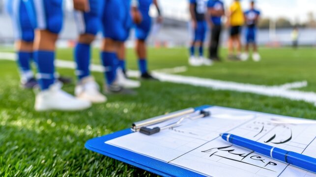 Coaching tools on the sidelines of a football field with players in blue uniforms preparing for practice or a game