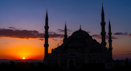 Silhouette of a mosque against a vibrant sunset sky background