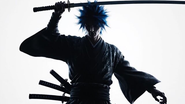 Mysterious warrior with blue hair holds katana in a dramatic pose against white background