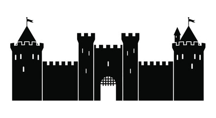 Simple black silhouette of a medieval castle with towers and walls © msunny93