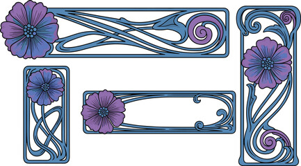 Elegant Art Nouveau decorative frames with floral motifs, purple and blue flowers, ornamental border design for invitations and graphic art © Amina