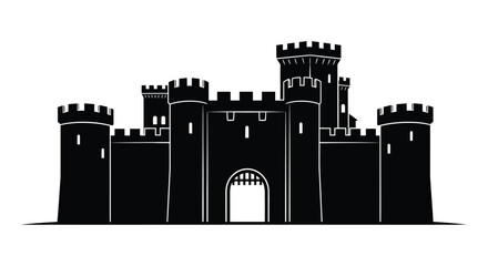 A black silhouette of a medieval castle with towers and a gate © msunny93