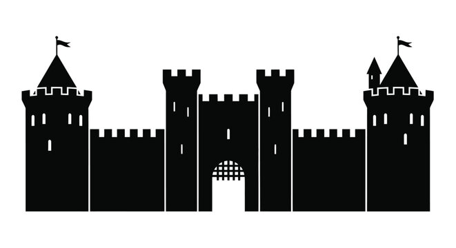 Simple black silhouette of a medieval castle with towers and walls