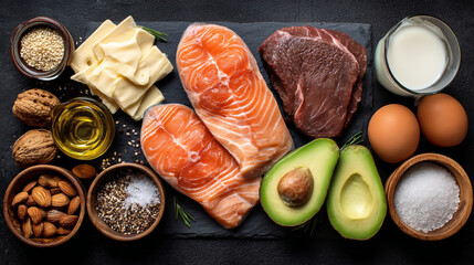 A selection of healthy foods including meats and vegetables on a slate board