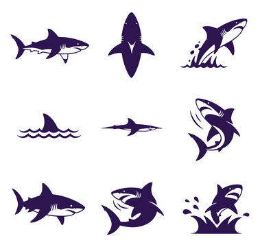 Collection of shark silhouettes and icons in various poses and movements