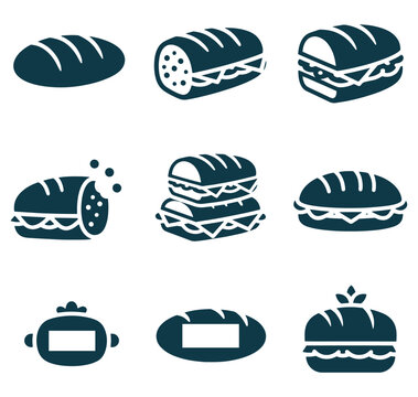 Collection of various bread and sandwich icons in dark blue silhouette on white background