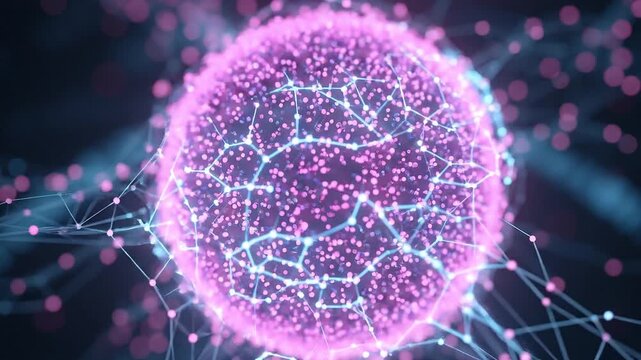 Abstract glowing sphere of interconnected particles representing data, networks, or quantum computing concepts.