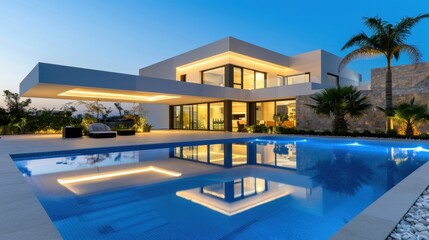 Fototapeta premium Modern luxury villa with serene pool and lush landscaping at twilight, featuring elegant architecture and tranquil atmosphere