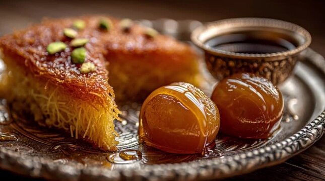 A kunefe dessert with syrup and dates