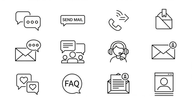 Collection of simple line icons representing communication and customer support on a clean white background