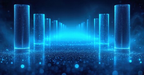 Fototapeta premium Futuristic tunnel with glowing blue pillars. Digital particles create light streaks, suggesting depth, technology, innovation. Dark background enhances luminosity.