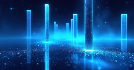 Abstract digital landscape. Glowing blue columns rise from particle field. Futuristic data visualization, sleek design.
