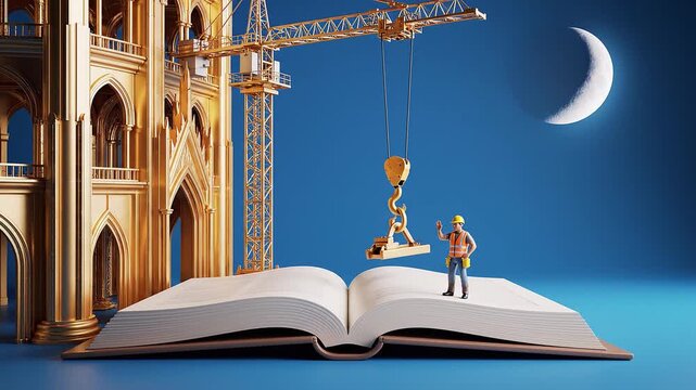 whimsical scene with a crane lifting a tiny figure from a large open book beneath a crescent moon, set against a blue sky background