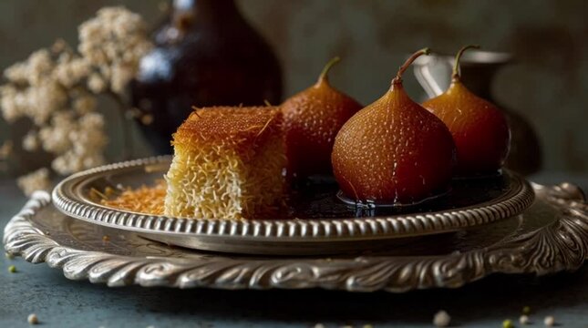A kunefe dessert with syrup and dates