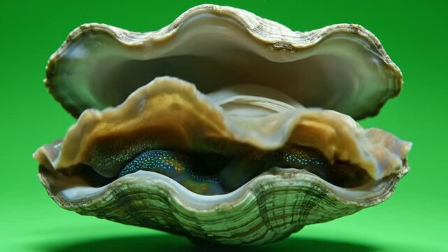 Close-up view of a large open giant clam showcasing its intricate mantle patterns against a vibrant green background.