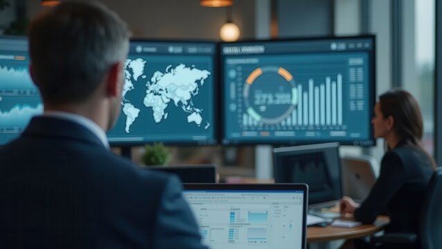 Risk Mitigation Strategy: Financial audit system displayed across screens in corporate office

