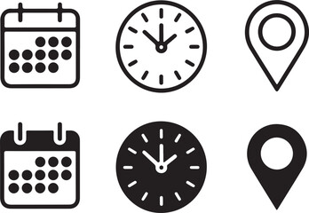 Obraz premium Set of six icons representing calendar clock and location symbols