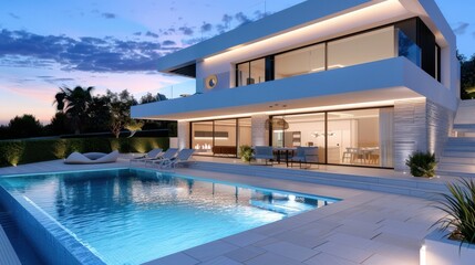 Fototapeta premium Modern Luxury Villa with Swimming Pool at Twilight, Surrounded by Tropical Landscape and Relaxation Areas