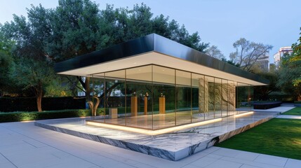 Obraz premium Modern architectural structure with glass facade surrounded by greenery at dusk in urban landscape