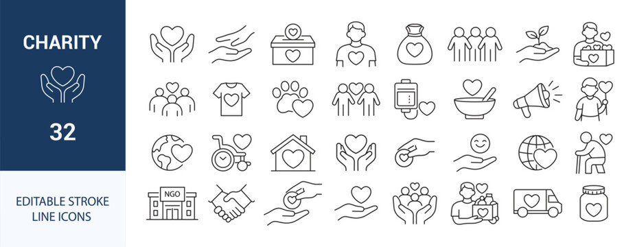 Charity and Donation Line Icon Set. NGO, Volunteer, Fundraising, Support and Humanitarian Aid Icons.