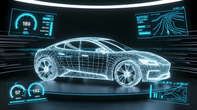 Wireframe electric car model rotates in a futuristic digital environment with holographic displays, showing real-time diagnostics data for automotive design, engineering,