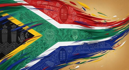 National banner colors flow dynamically across a textured background overlaid with cultural symbols