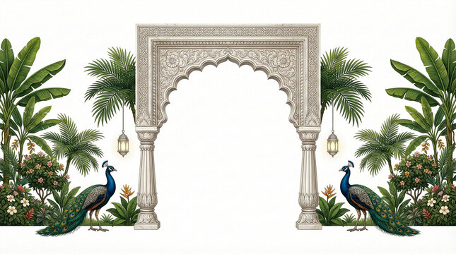 Tropical Mughal Garden Arch Frame With Peacock And Lush Palm Plants For Exotic Wedding Invitation Background, Traditional Indian Decorative Entrance Isolated On White, Elegant Vintage Vector Illustrat