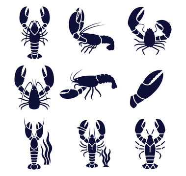 Silhouette illustrations of lobsters in various poses and views  seafood icons