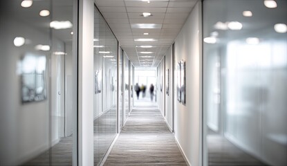 Long office hallway with glass walls, blurred figures at the end, and recessed lighting