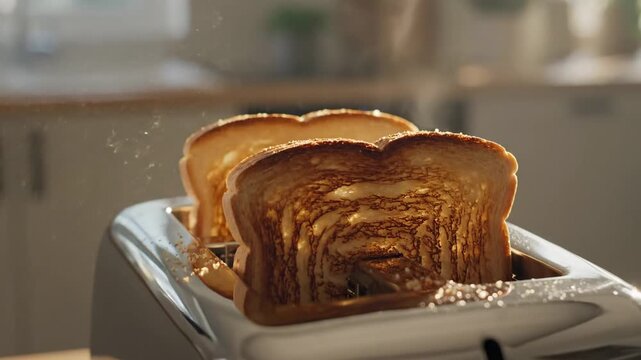 Toasted bread slices popping from a gleaming toaster