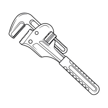 Adjustable pipe wrench vector illustration, heavy duty plumbing tool line art, industrial monkey wrench icon for construction and repair services