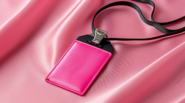 Vibrant Pink ID Badge Holder on Soft Satin Fabric with Elegant Draped Texture for Event or Conference Use